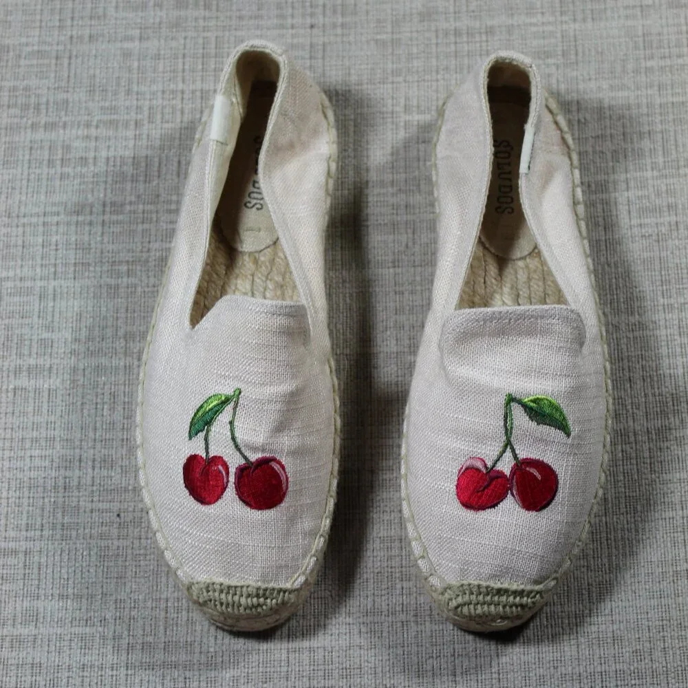 Soludos 7.5 Neutral Canvas Cherry Print Embroidered Platform Espadrilles Shoes